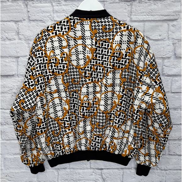 Notations Womens Silk Bomber Jacket Size M White Houndstooth Gold Baroque Swirl - Picture 5 of 7